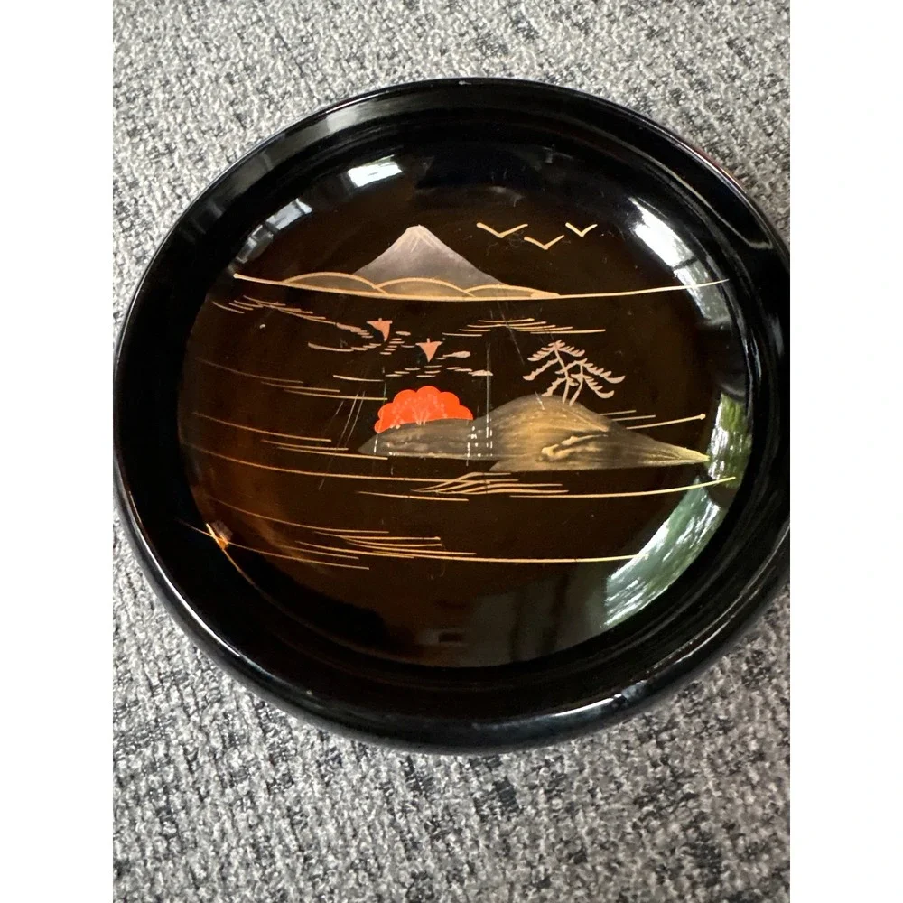 VTG Japanese Lacquerware Salad Bowls Set  of 6 Black Gold Landscape‎ Mt Fuji Art